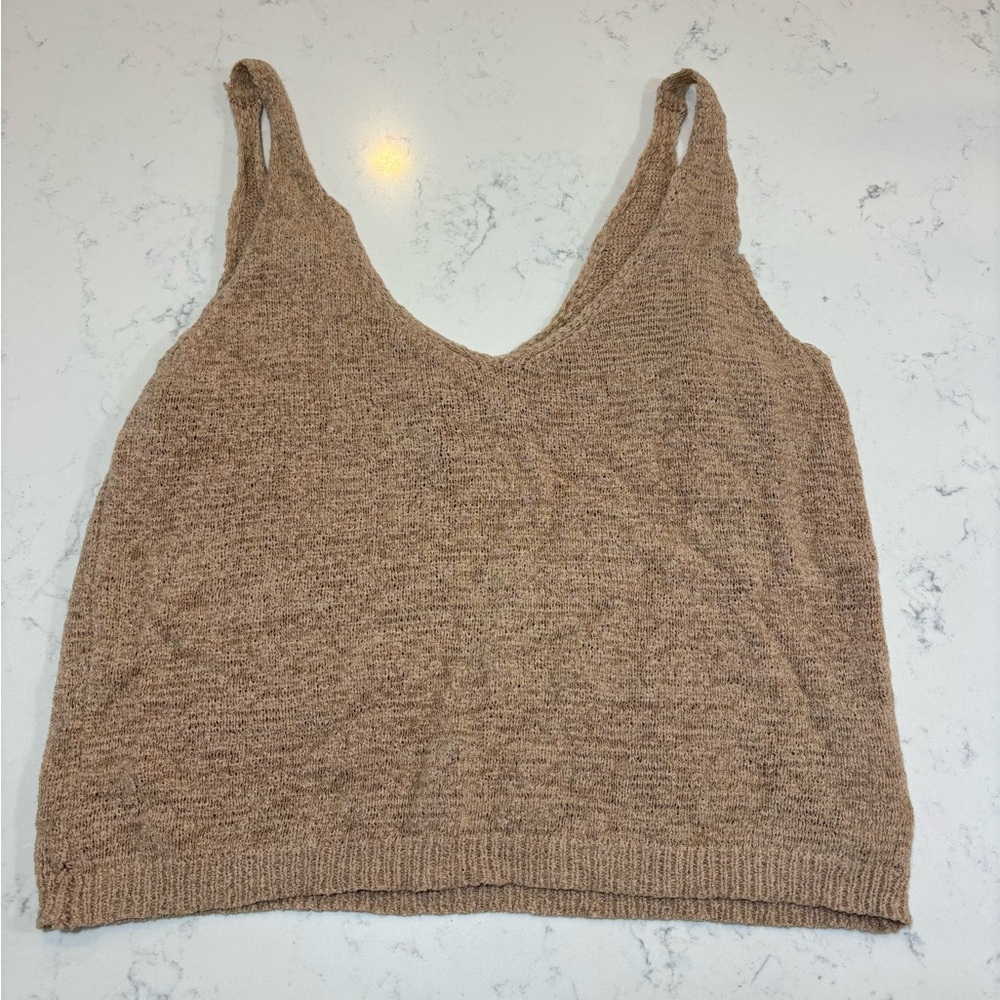 Tan knitted cropped flowy tank top